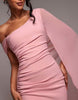 Goddiva One Shoulder Cape Sculpting Stretch Jersey & Chiffon Maxi Dress In Blush