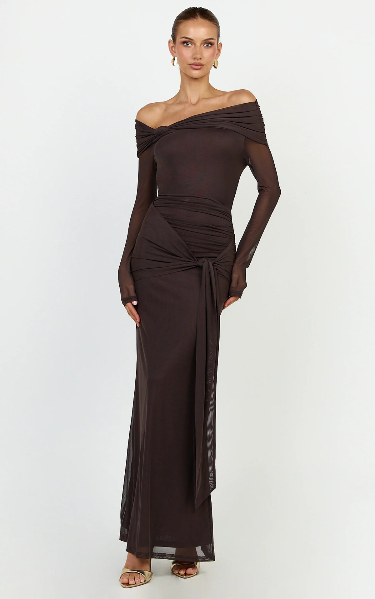 Waverly Maxi Dress - Long Sleeve Off Shoulder Dress in Chocolate