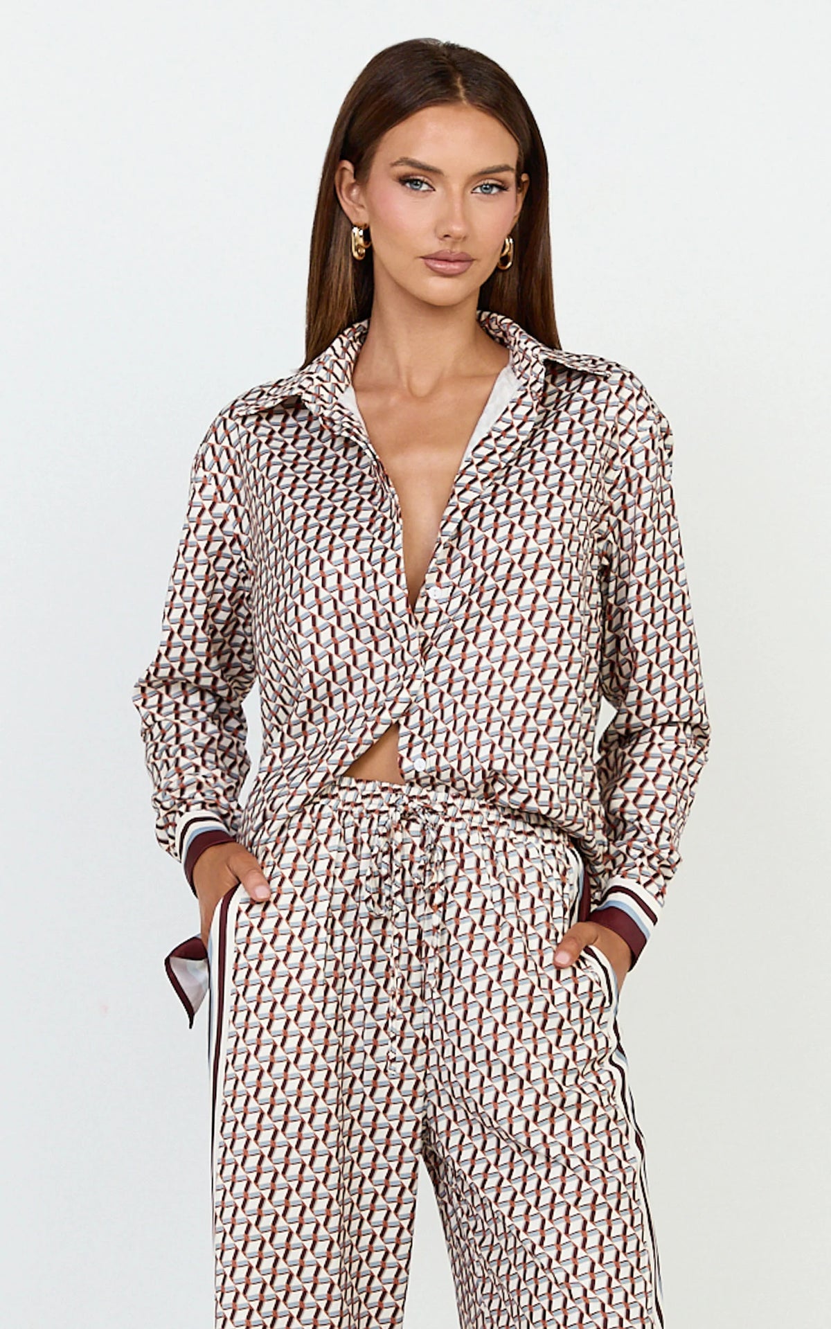 Noelle Top - Geo Border Print Button Front Long Sleeve Shirt in Multi