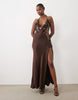 Bardot Sequin Cami Halter Neck Open Back Split Detail Maxi Dress In Chocolate