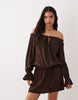 Cotton On Boho Off Shoulder Ruffle Mini Dress In Dark Oak