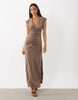 Ruched Waist Deep V Maxi Dress In Mocha