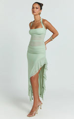 Almarie Midi Dress - Halter Neck Mesh Dress in Sage