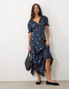 Wednesday'S Girl Cap Sleeve Satin Midaxi Dress With Lace Trim In Navy Polka Dot