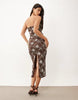 Embroidered Crochet Bandeau Midi Dress In Brown
