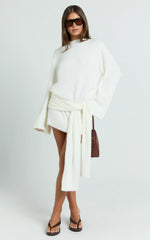 Tisdale Mini Dress - Wrap Skirt Fluffy Knit Jumper Dress in Cream