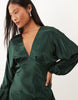 Nobody'S Child Petite Allura Satin Balloon Sleeve Plunge Neck Maxi Dress In Dark Green