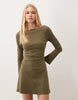 Miss Selfridge Slash Neck Flared Sleeve Mini Dress In Olive