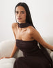 Lace & Beads Mesh Strapless Ruched Scarf Detail Maxi Dress In Chocolate Plum