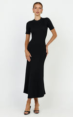 Lanie Midi Dress - Knitted Crew Neck Short Sleeve Dress in Black