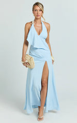 Faye Maxi Dress - Halter Neck Chain Detail Front Draped Leg Split Dress in Blue