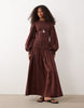 Shirred Poplin Maxi Dress In Burgundy Check
