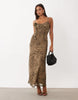 Gina Tricot Chiffon Frill Flower Motif Maxi Dress In Brown Leopard Print