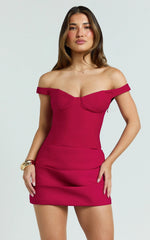 Tanisha Mini Dress - Off Shoulder Draped Waist Dress in Red