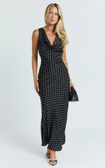 Blanca Midi Dress - Cowl Neck Bias Cut Dress in Black Polka Dot