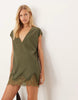 Cord V Neck Lace Trim Mini Shift Dress Washed Olive