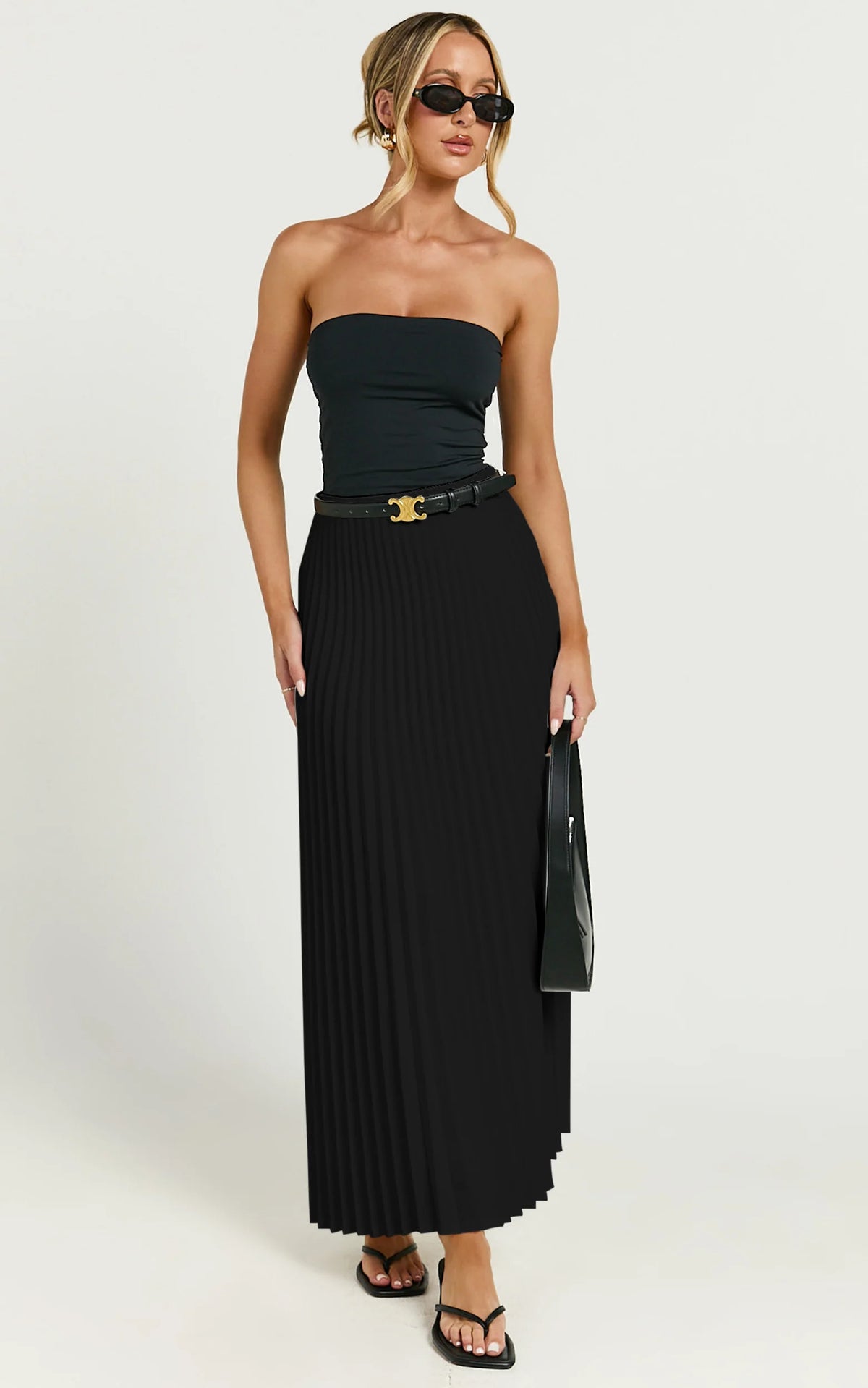 Harlee Midi Skirt - Pleated High Waist A Line Skirt in Black