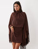 Shoulder Pad Tie Neck Fringe Sleeve Mini Dress In Brown