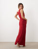Tfnc Slinky Fallen Shoulder Thigh Split Maxi Dress In Red