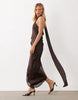 Halter Neck Scarf Detail Asymmetric Satin Midaxi Dress In Dark Chocolate