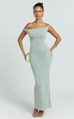 Isabel Midi Dress - Twist Off Shoulder Bodycon Dress in Sage
