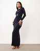 Slinky Twist Plunge Maxi Dress With Long Sleeves In Navy