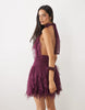 Lace & Beads Tulle Halter Ruffle Detail Tiered Mini Dress In Magenta Purple