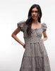 Daisy Street Puff Sleeve Tiered Midaxi Dress With Tie Bust In Grey Check