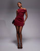 Off Shoulder Sculpted Mini Dress In Burgundy Scuba-Style Fabric
