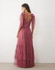 Lace & Beads Madison Tulle Bow Shoulder Plunge Neck Maxi Dress In Dusty Pink