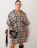 Curve Nipped Waist Mini Shirt Dress In Blue And Tan Check