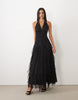 Lace & Beads Dobby Halter Neck Ruffle Skirt Maxi Dress In Black