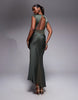 Cap Sleeve Satin Midi Dress With Sheer Chiffon Panels In Khaki