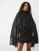 Tall Shoulder Pad Tie Neck Fringe Sleeve Mini Dress In Black