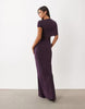 Slinky Draped Cutaway Mesh Column Dress In Plum