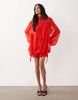 Lace Mini Dress With Blouson Sleeve And Hem Detail In Red