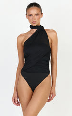 Lucienne Bodysuit - One Shoulder Draped Scarf Bodysuit in Black