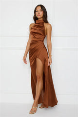 Sonnet Satin Halter Maxi Dress Chocolate