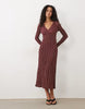 Mango Plisse V Neck Long Sleeve Midi Dress In Maroon Polka Dot Print