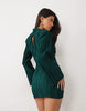 Exaggerated Sleeve Plisse Mini Dress In Emerald Green