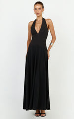 Poppy Maxi Dress - Contrast Skirt Deep Plunge Halter Dress in Black