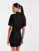 Shoulder Pad Short Sleeve Ruched Dress In Black