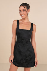 Perfectly Flirtatious Black Floral Jacquard Tie-Back Mini Dress