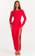 Vivienne Midi Dress - Boat Neck Long Sleeve Rosette Detail Dress in Red