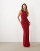 Tfnc Slinky Fallen Shoulder Thigh Split Maxi Dress In Red
