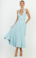 Vivia Maxi Dress - Gathered Waist Halter Dress in Blue