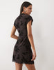 New Look Flocked Mesh Mandarin Collar Mini Dress In Dark Aubergine
