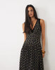 Lace & Beads Tulle Velvet Trim Plunge Neck Tiered Maxi Dress In Black Polka Dot