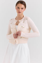 cream lambswool rose embroidered cardigan
