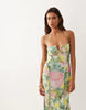 Mesh Exposed Seam Sculpted Cupped Maxi Dress In Green Floral Print